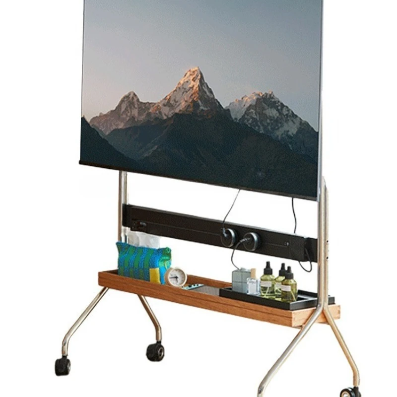 

Internet celebrity power rail TV stand floor wooden storage with wheel movable LCD display