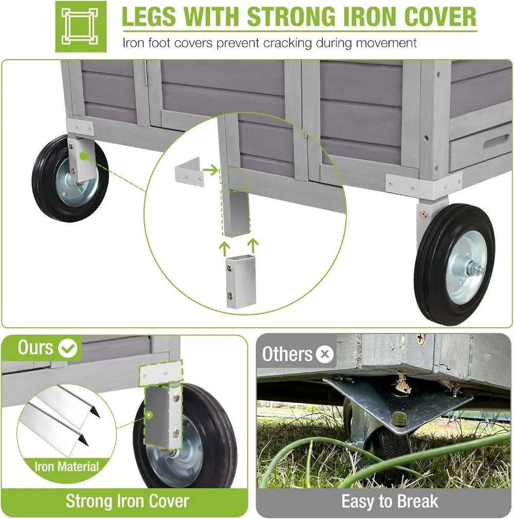 Chicken Coop with Super Large Wheels Durable Hen House with Metal Iron Bracket 4-6 Chickens