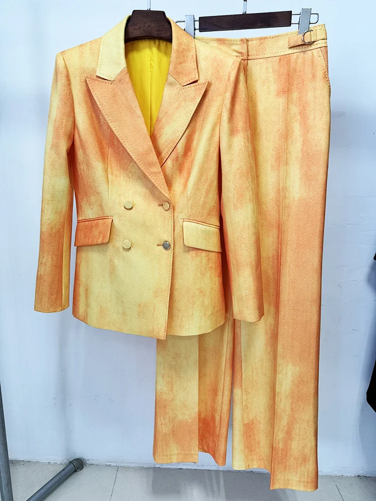 

HIGH STREET новейшая мода 2025 дизайнерский костюм женский комплект с принтом тай-дай тонкий двубортный пиджак брюки комплект из 2 предметов