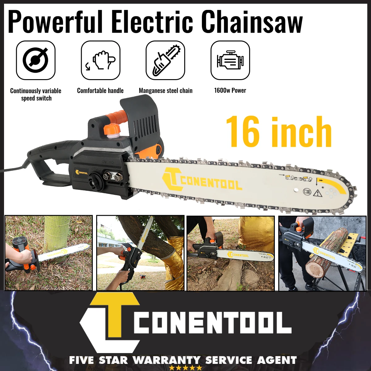 CONENTOOL 1600W 16in Electric Chainsaw Corded Handheld Saw Woodworking Cutting Power Tool Machine Set 40cm Cutting Length