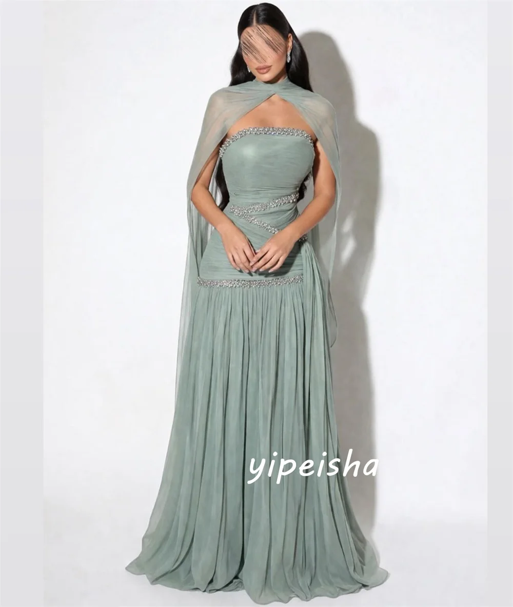 Customized Green Chiffon Pleat Luxury Beading Rhinestone A-line Strapless Shawl Long Dresses Evening Dresses For Wedding Party image 2