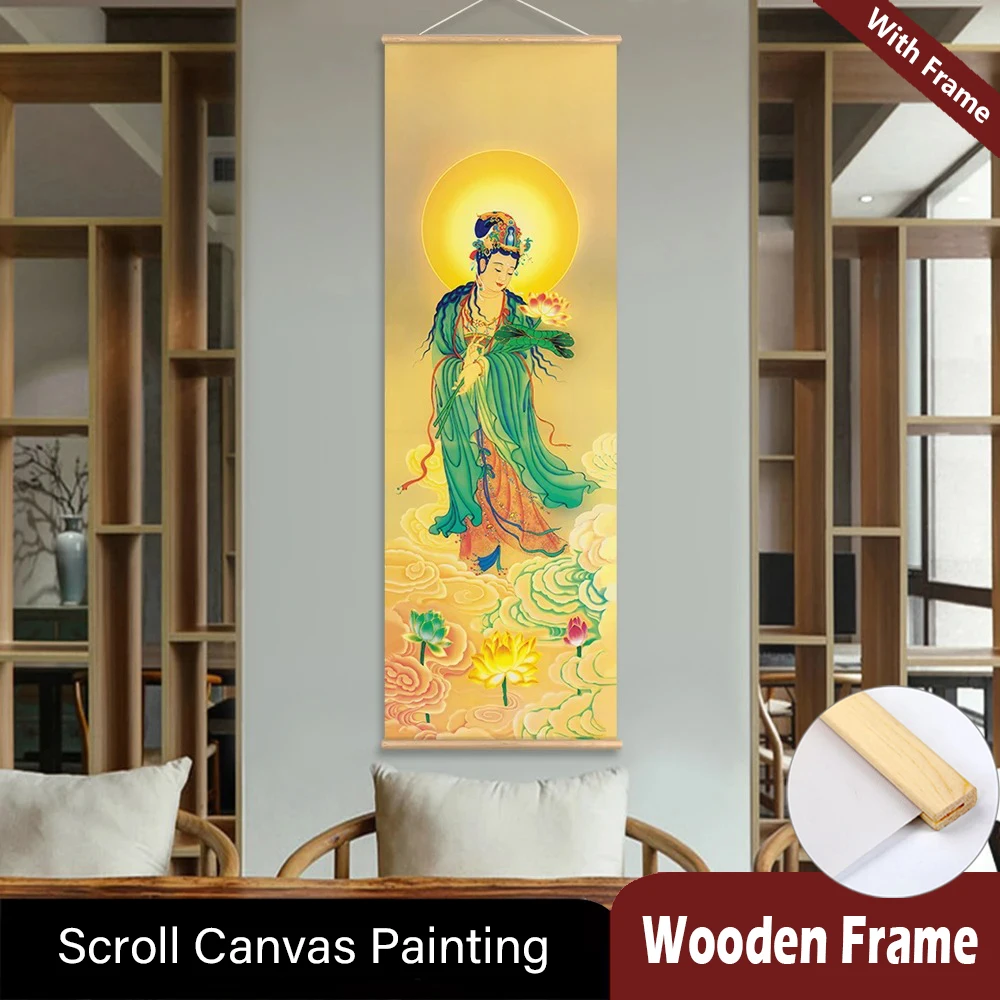 

Wall Art Avalokitesvara Bodhisattva Thangka Buddhism Scroll Painting with wooden hanger Realistic Art Canvas Painting
