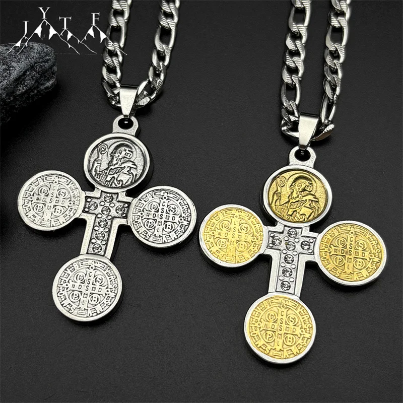 

Catholic Saint Benedict Medal Crystals Cross Pendant Necklace for Women Men Gold Color Stainless Steel San Benito Chain Jewelry