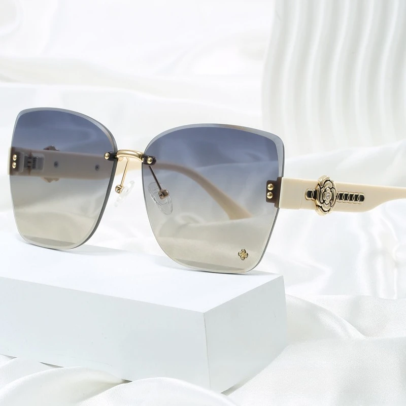 

2025 New Women's Frameless Sunglasses Brown Light Luxury Thin Frame Big Face UV400 Protection High-End Fashion Trendy Shades
