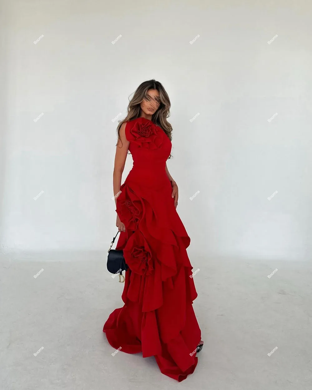 Booma Red Mermaid Evening Dresses One Shoulder 3D Flowers Ruffles Formal Party Gowns for Women Saudi Arabic Prom Dress Dubai