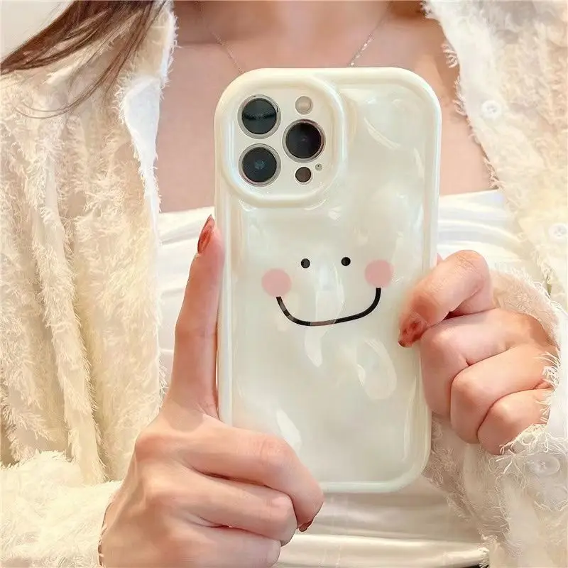 Cartoon Smiling Face Phone Case For iPhone 15 14 13 12 11 Pro Max X XR XS 7 8 Plus Soft Silicone Milky White Ripple iPhone Cases