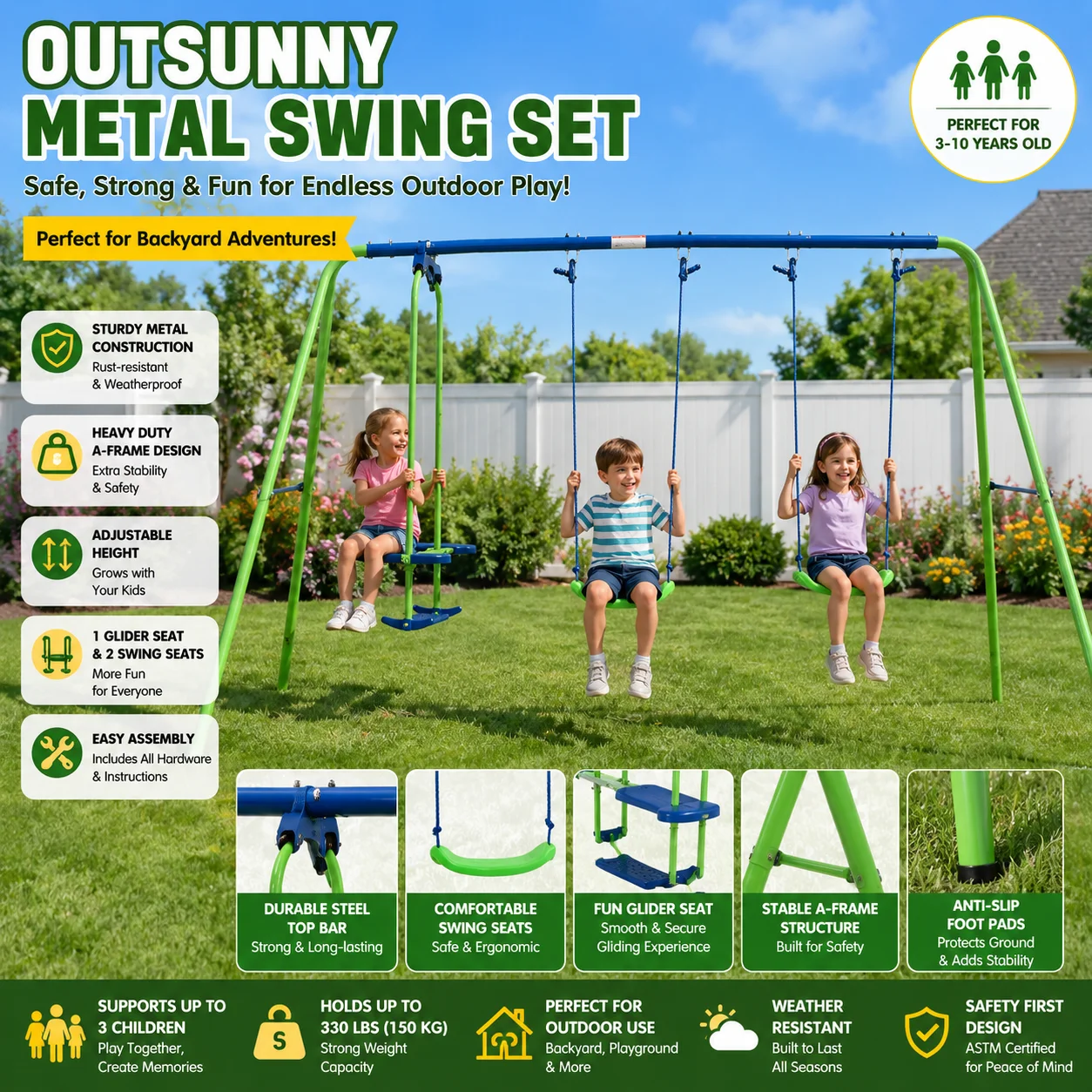 

Outsunny Metal Swing Set with Glider, Two Swing Seats and Adjustable Height, Outdoor Heavy Duty A-Frame Suitable for Playground, Backyard, Green