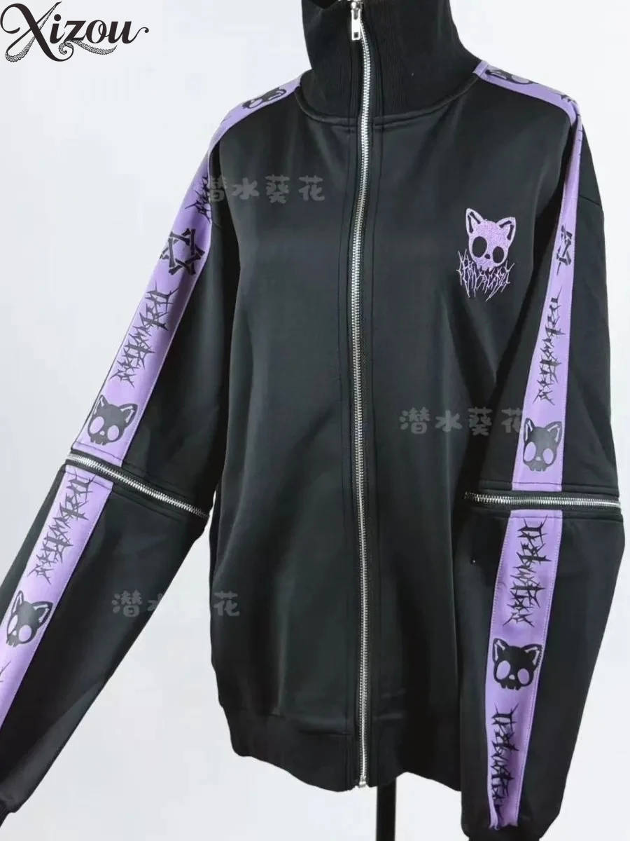 

Y2k пальто японский стиль воротник-стойка темный стиль кошачий принт толстовка на молнии с капюшоном женская модная свободная черная куртка