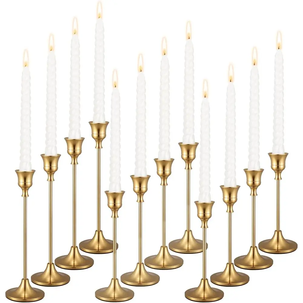 12-Piece Set of Gold Brass Taper Candle Holders, Elegant Metal Candlesticks for Wedding Centerpieces, Candlelight Dinners, and H