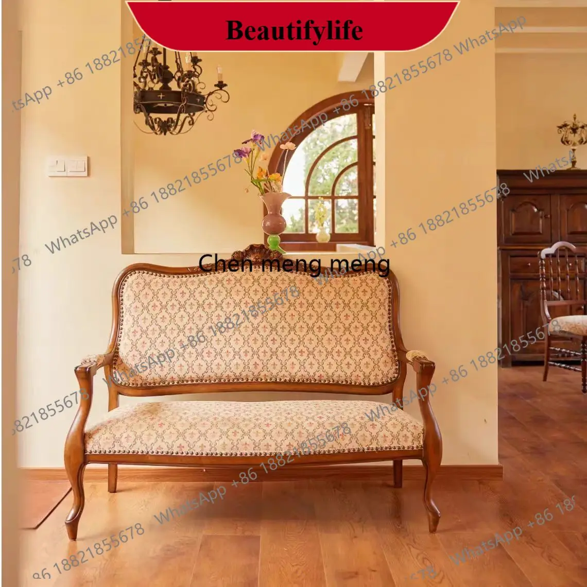 

D178 Французский ретро диван из цельного дерева для гостиной, небольшой квартиры, прямой тканевый диван для трех человек, вилла