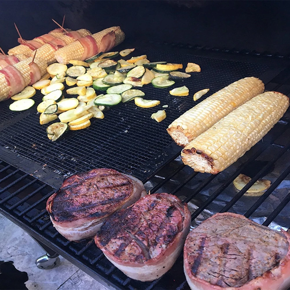 

2Pcs BBQ Edge-covered Non-stick Grill Mat Mesh Pad for Steak Fish Shrimp Vegetables Pizzas Black Grid Reusable Grilling Tool