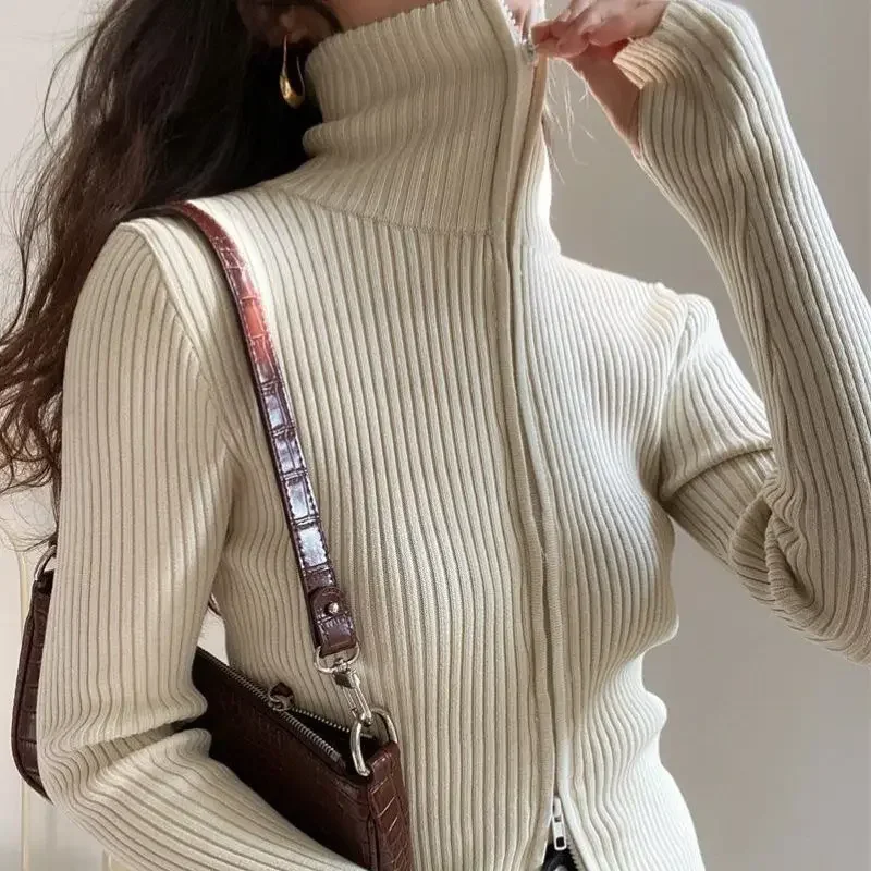 

Knitwear Women Cardigan Coat Temperament Vintage Sueter Turtlenevk Double Zippers Pull Femme Autumn Casual Ribbed Sweater Tops