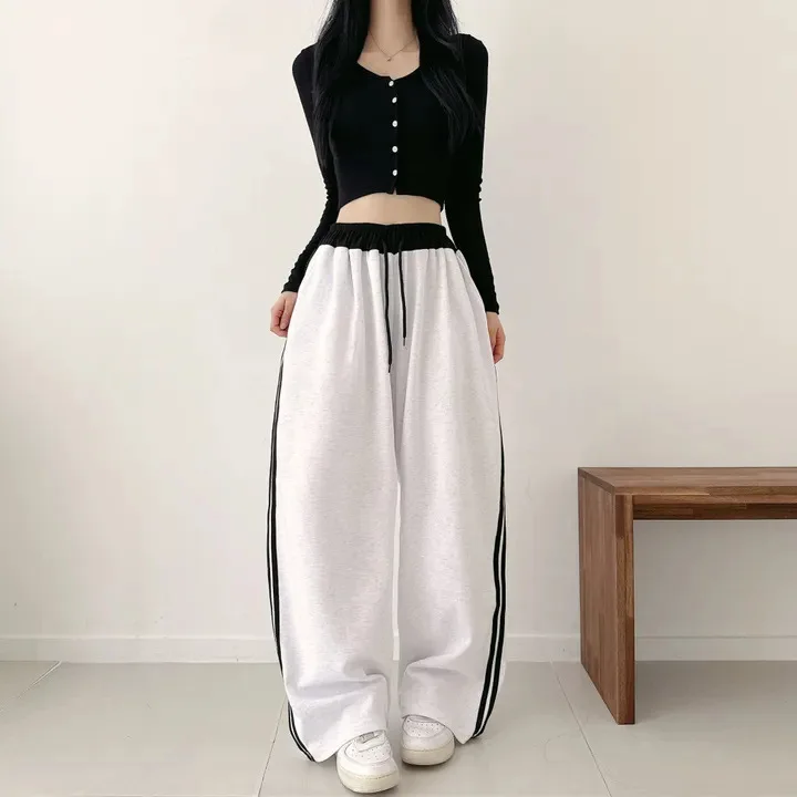 Daily Home Sweatpants Lady High Street Trousers Women Black Striped High Waisted Leisure Female Chic Concise Wide Leg Pants 2025