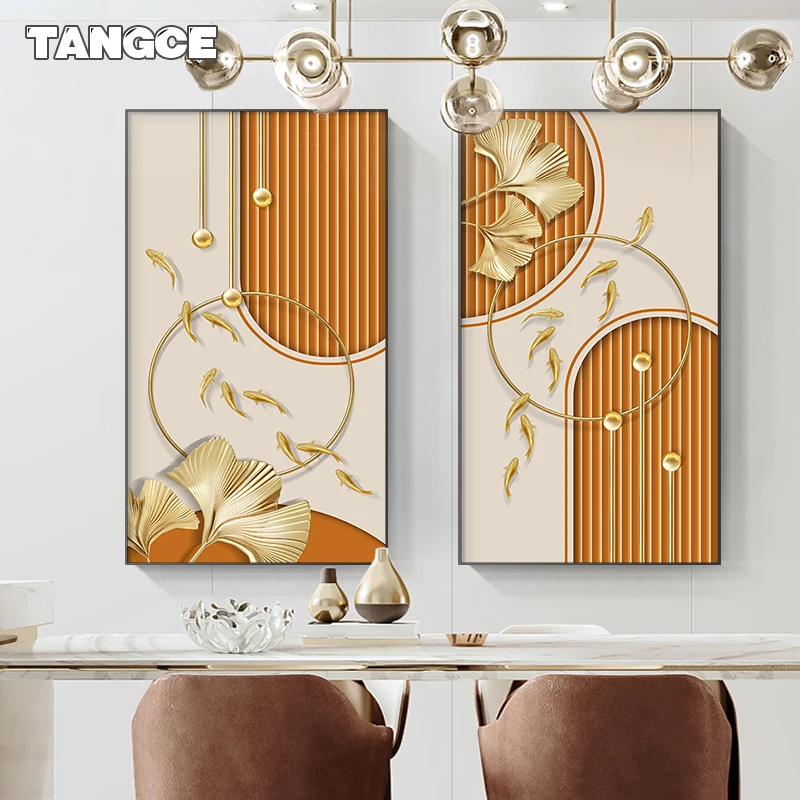 

Abstract Luxury Canvas Art Paintings for Living Room Golden Ginkgo Leaf Fish Posters and Prints Modern Home Decoration Wall Art