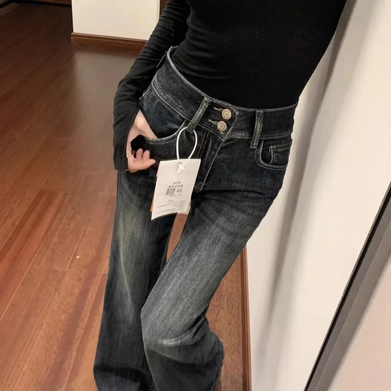 

2026 New Streetwear Blue Grey High Waist Bell Bottom Jeans Y2K Women's Spring Double Buckle Elastic Slim Fit Bell Bottom Pants