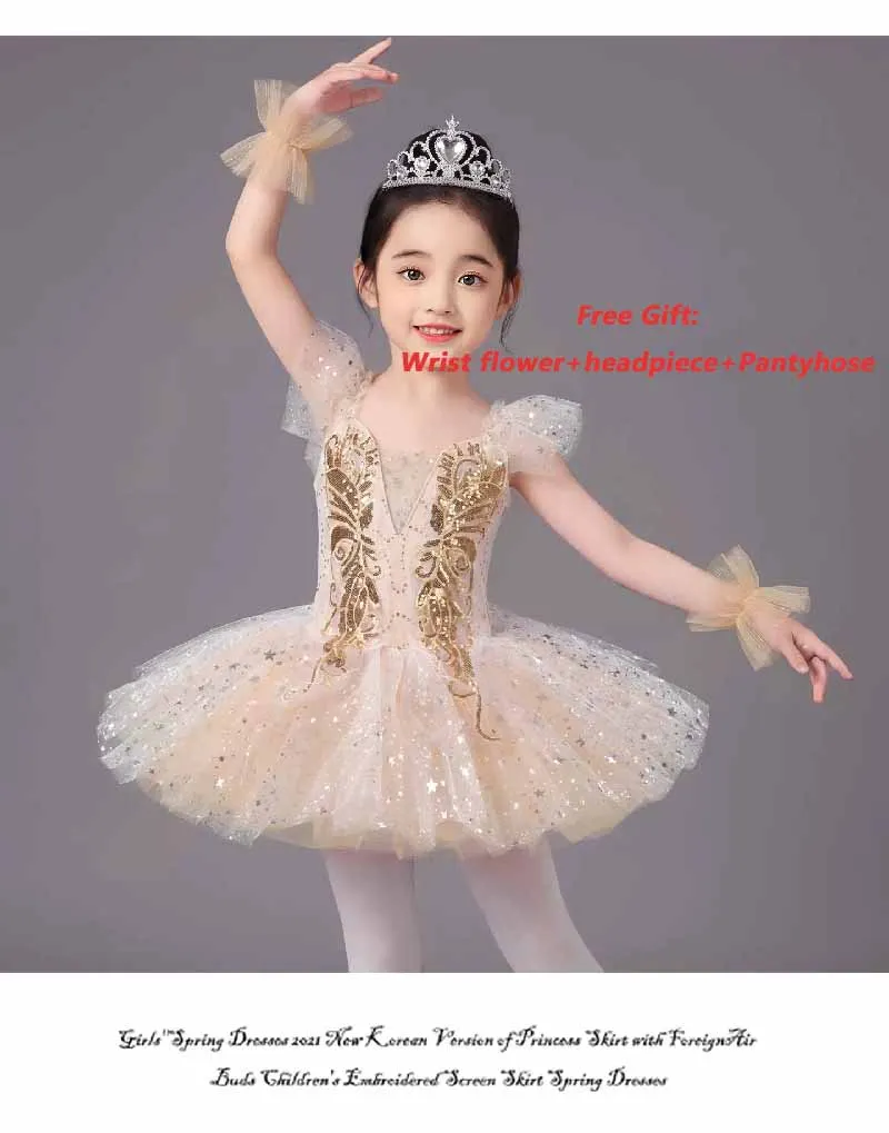 Romantic Kids Ballet Tutu Dress Girl's Dance Skirt Gold Sequin Ballet Skirt Performance Clothing Children Long Princess Dress
