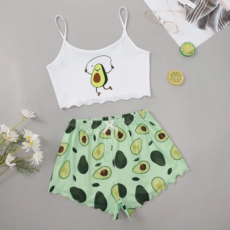 Ropa de dormir Sexy para mujer, Top con tirantes, pantalones cortos, conjunto de dos piezas con estampado de aguacate, ropa de descanso para estudiantes, pijamas sin mangas de talla grande