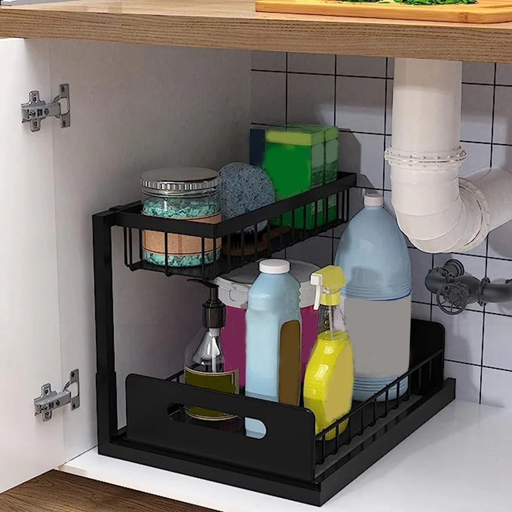 Sink Organizer, Pull Out Cabinet Organizer 2-Tier Sliding Shelf Multi-Use for Under Kitchen Sink and Storage