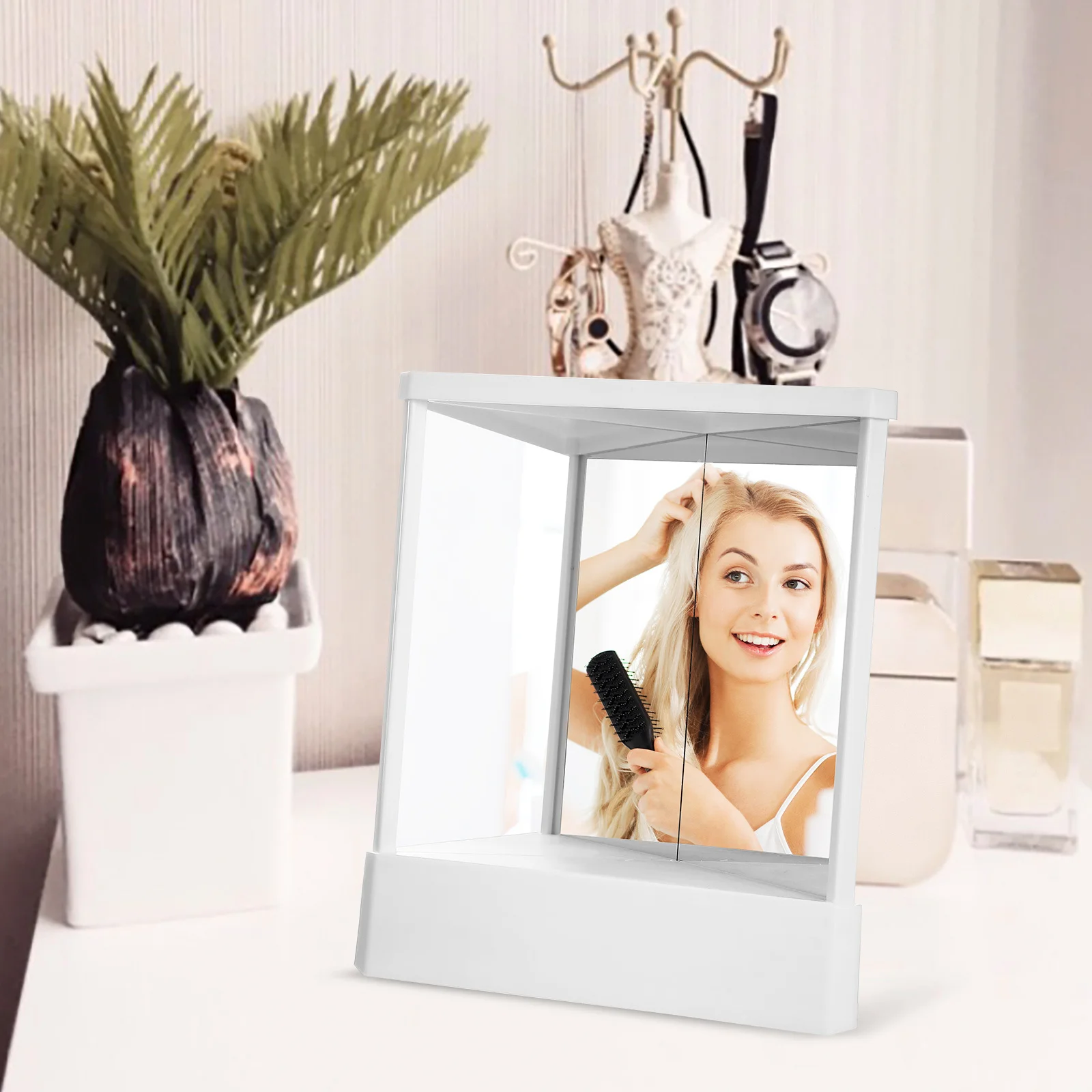 Non Reverse Makeup Mirror Dual Sided Reversible 360 Degree Rotation Standing Vanity for Makeup