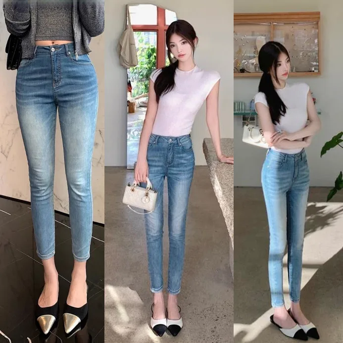 Taille haute extensible Vintage Waed Denim bleu coupe ajustée neuf points pantalon femme Faion coton Stretch Denim décontracté toutes saisons
