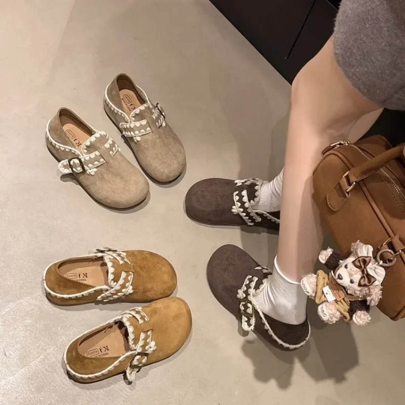 Women Vintage Faux Suede Clogs Crochet Lace Trim Buckle Strap Round Toe Soft Flat Non Slip 2 Way Wear Daily Fall Winter Shoes
