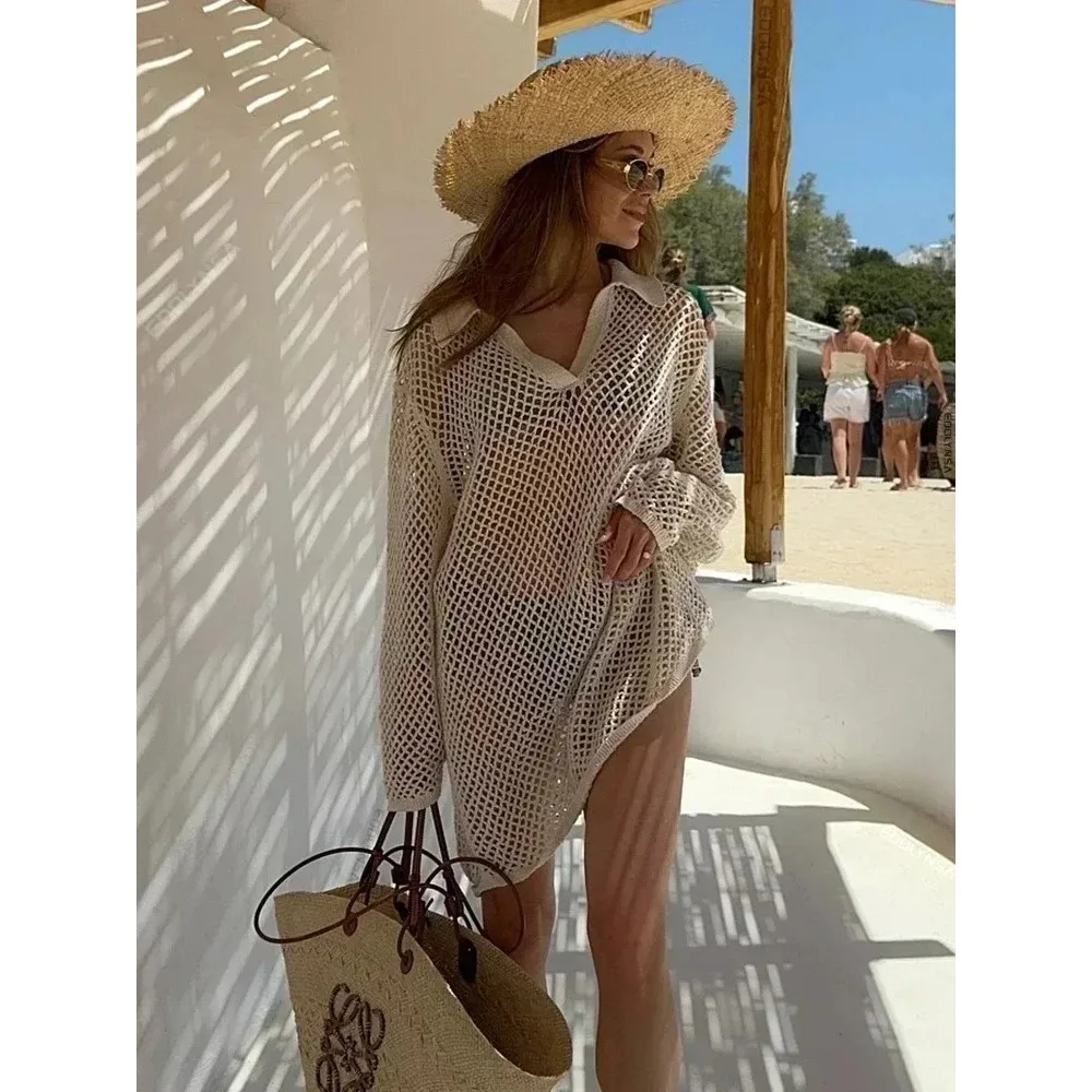 

Сплошной цвет, пляжное вязаное мини-платье, женский летний сексуальный купальник с длинными рукавами, накидка в стиле бохо, праздничная свободная пляжная одежда