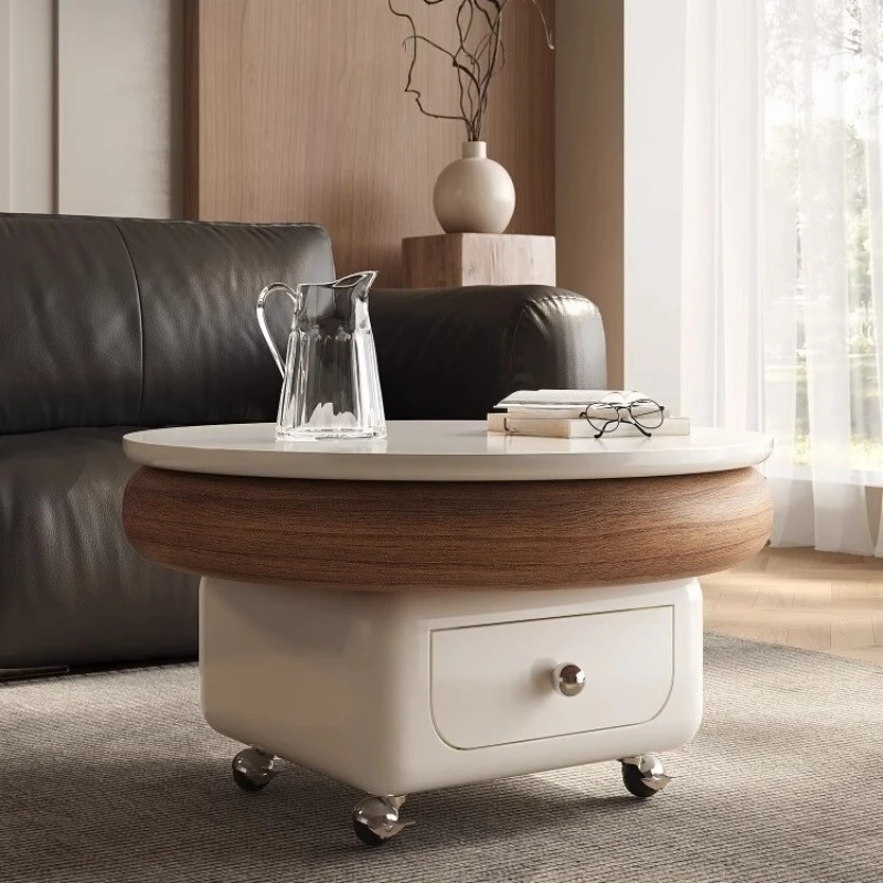 Movable Small Apartment with Wheels, Cream Wind Edge, Liftable Sofa, Exquisite Round Living Room