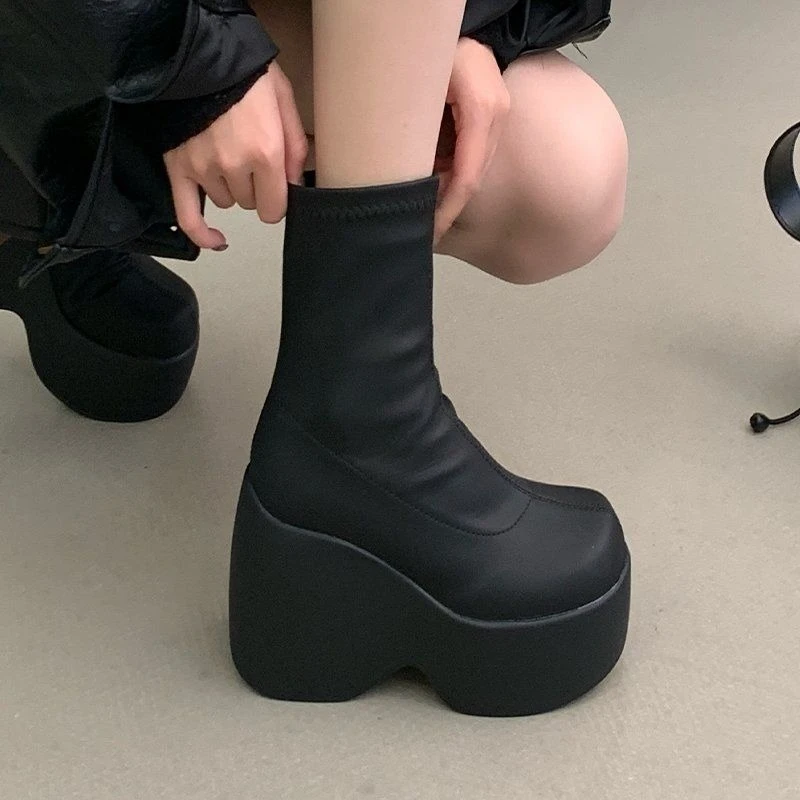Platform Boots 11cm Height Increasing Chunky Heel Ankle Boots Large Size 41 42 43 Autumn Winter Unisex Wedge Shoes