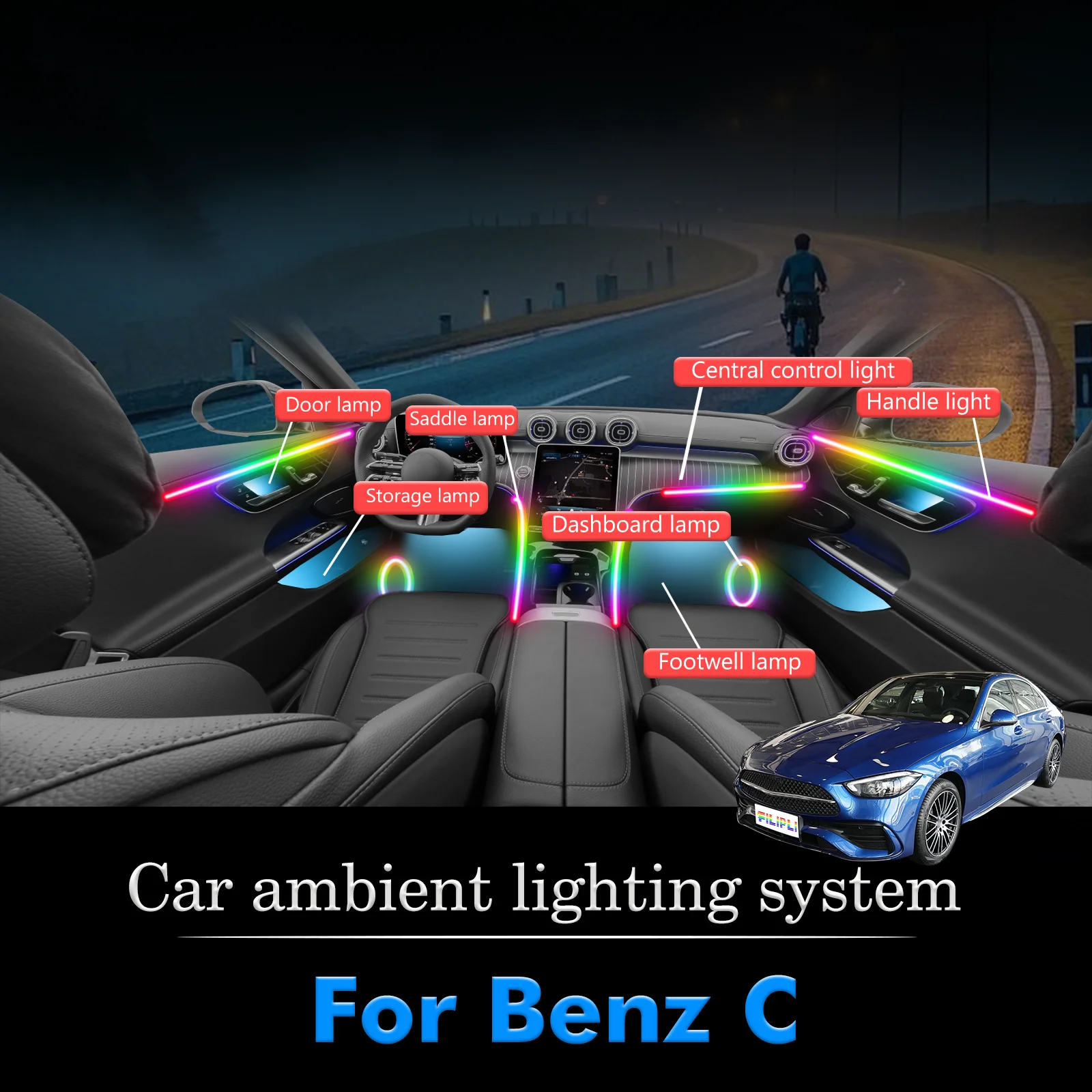 

For BenZ C-Class Car Interior Ambient Light RGB 64-Color LED Smart Remote Control Energy Saving Efficient Lamp Kit