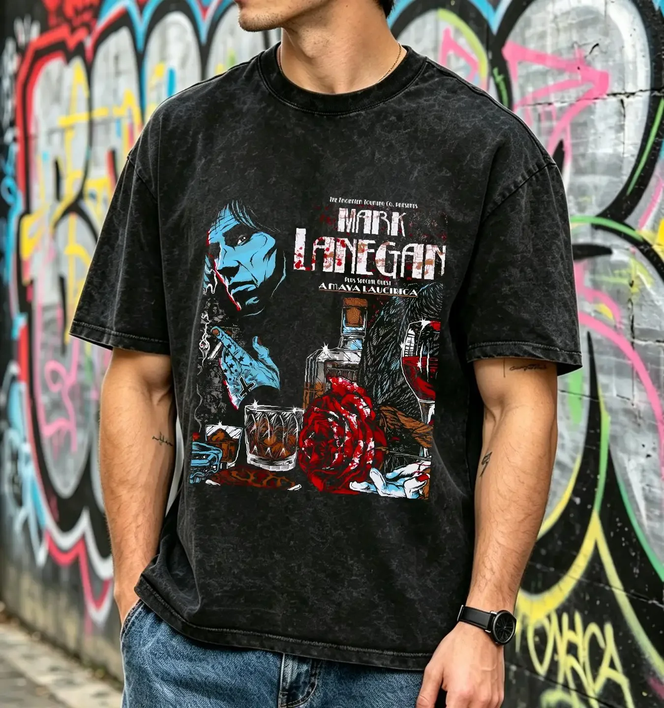 washed T Shirt Mark Lanegan Rock Legend Retro Style Rare New Full Size Black vintage Washed fashion Soft Stretched Comfortable