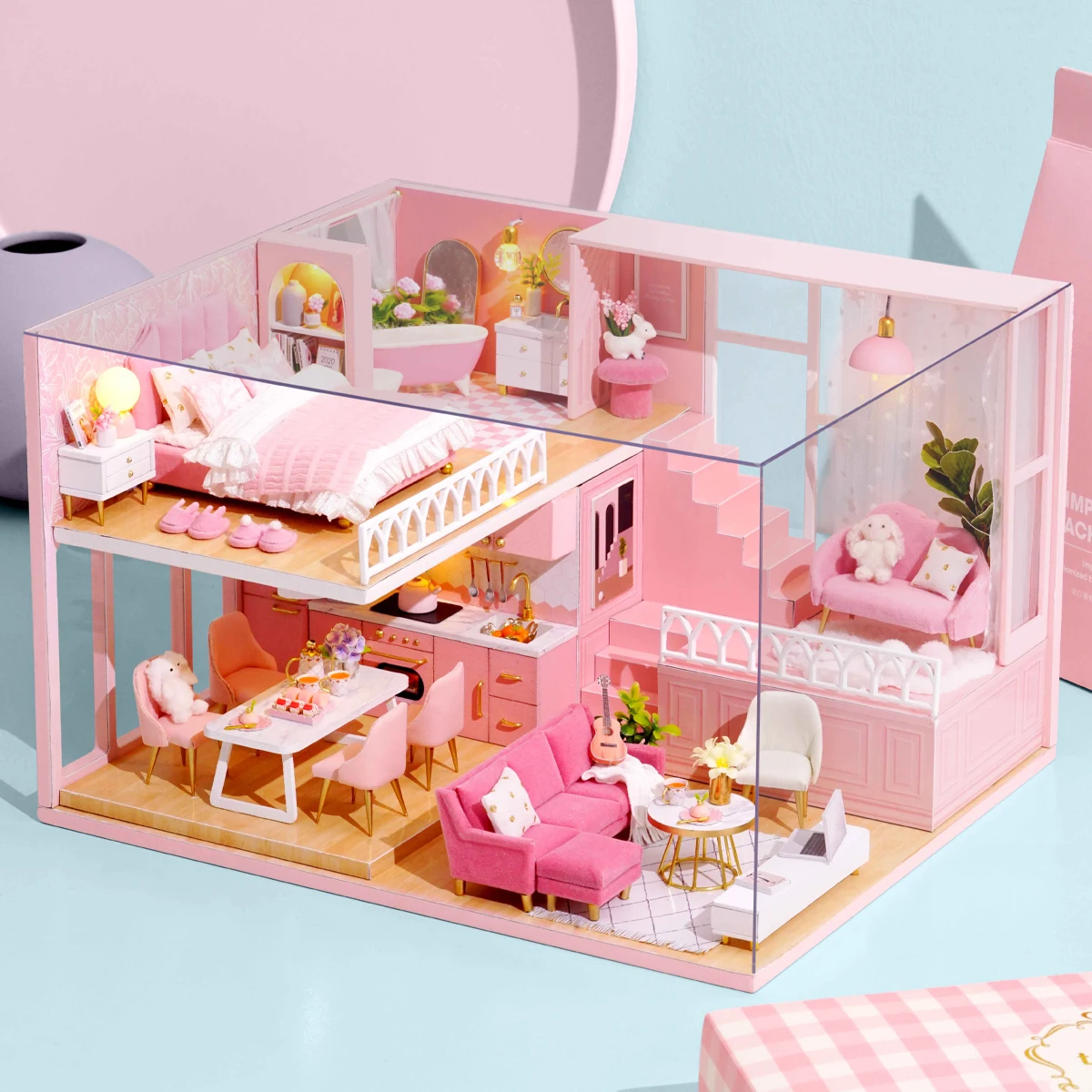 Baby House Mini Miniature Doll House DIY Small House Kit Production Room Princess Toys, Home Bedroom Decoration with Furniture W