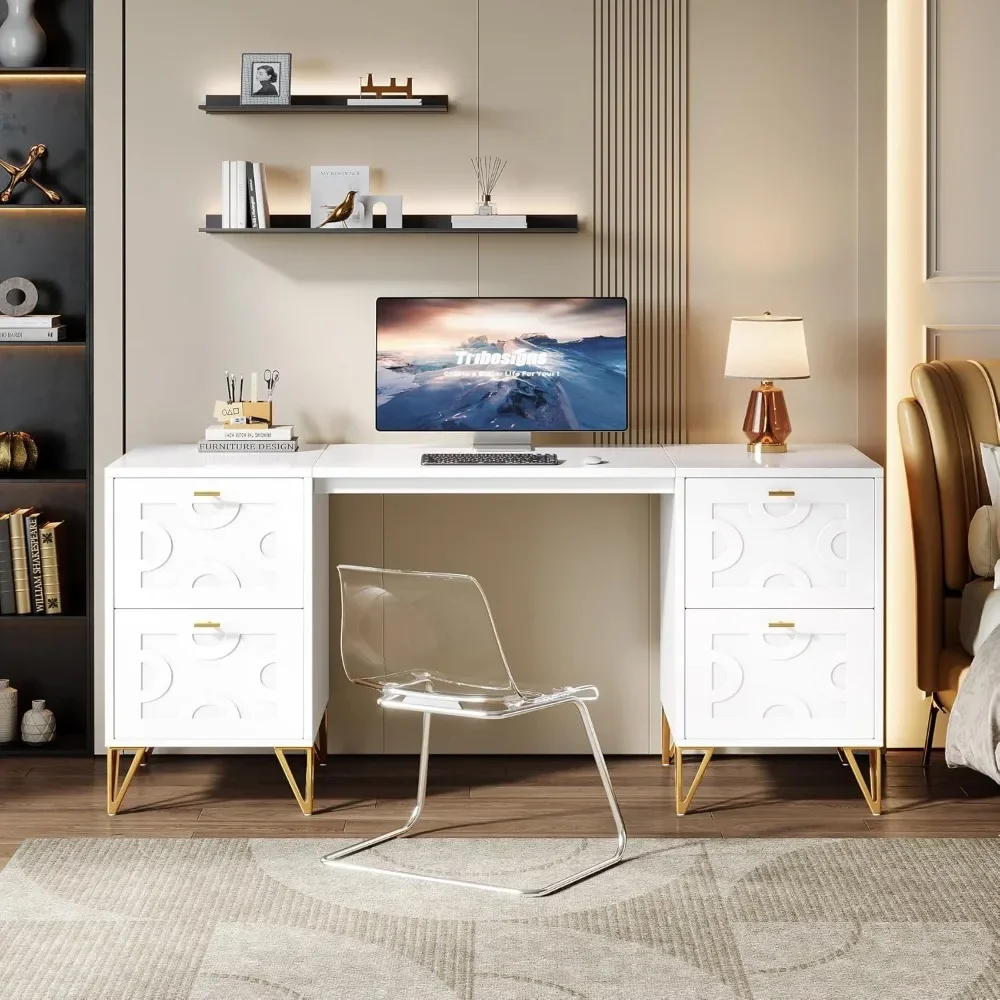 59-Inch White Executive Computer Desk with 4 File Drawers Storage, Modern Writing Table, Luxury Desk
