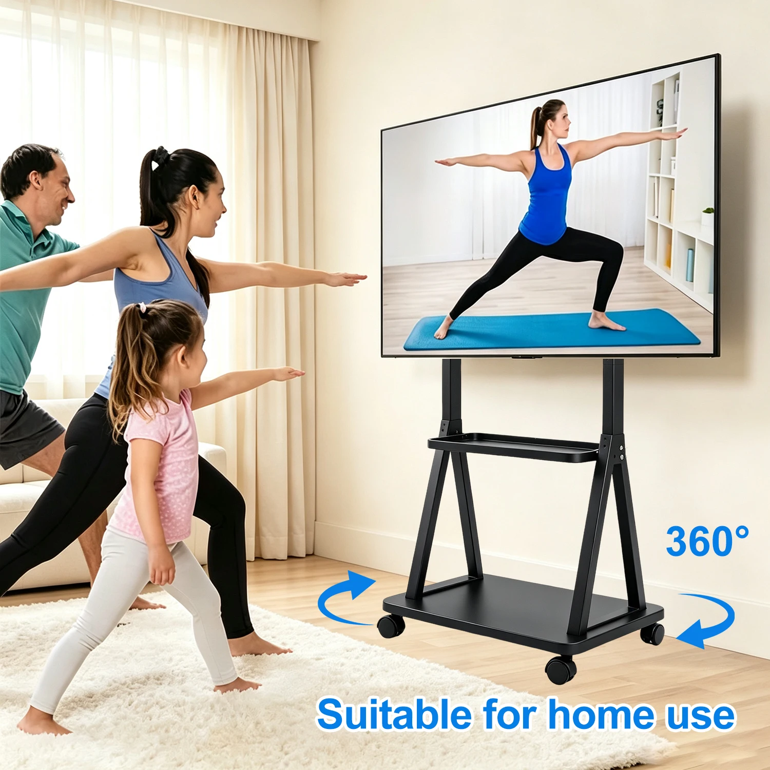 Mobiler TV-Ständer für 32-75 Zoll Fernseher, rollbarer TV-Wagen mit Rädern und 2 Regalen, höhenverstellbarer TV-Bodenständer, hochbelastbar bis 200 lbs, VESA 100x100-600x400, schwarzer Stahl-TV-Wagen