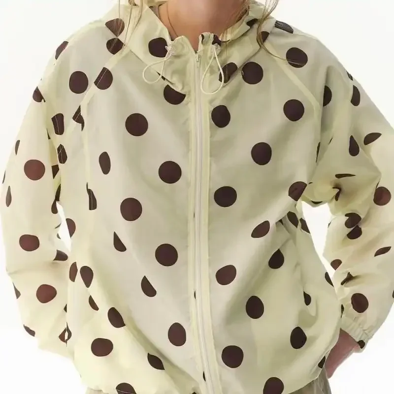 Women Polka Dot Print Hooded Sun Protection Jacket Thin Breathable Drawstring Zip Up Outdoor Coat