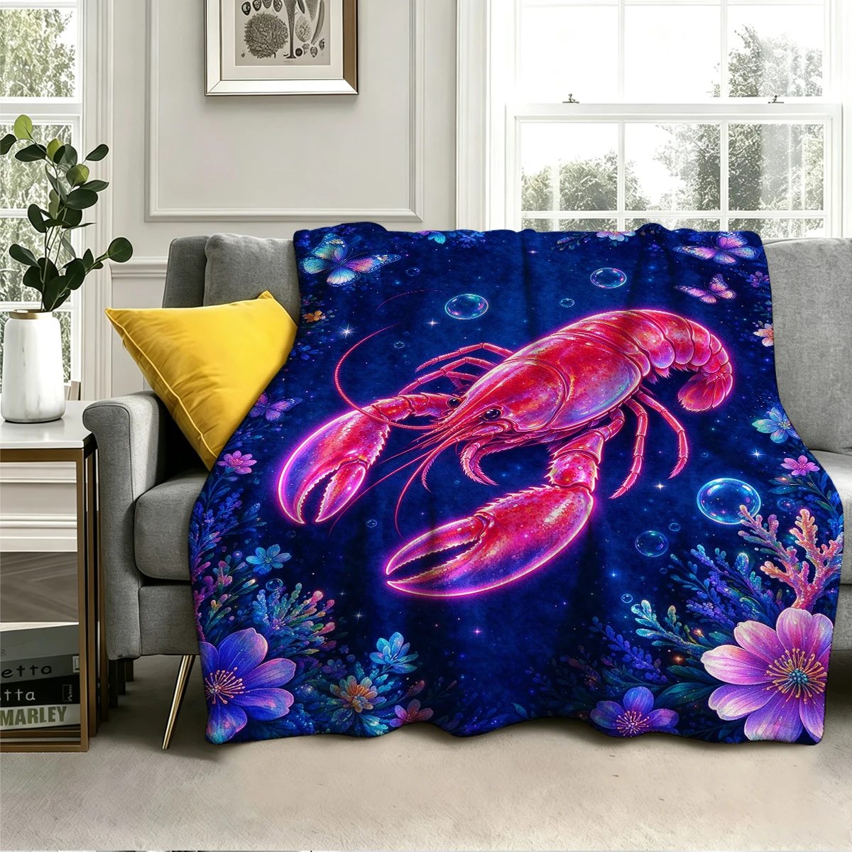 Neon Red Lobster Bubbles Flannel Blanket Warm Soft Halloween Christmas Decorative Couch Warm Cozy All-Season Gift