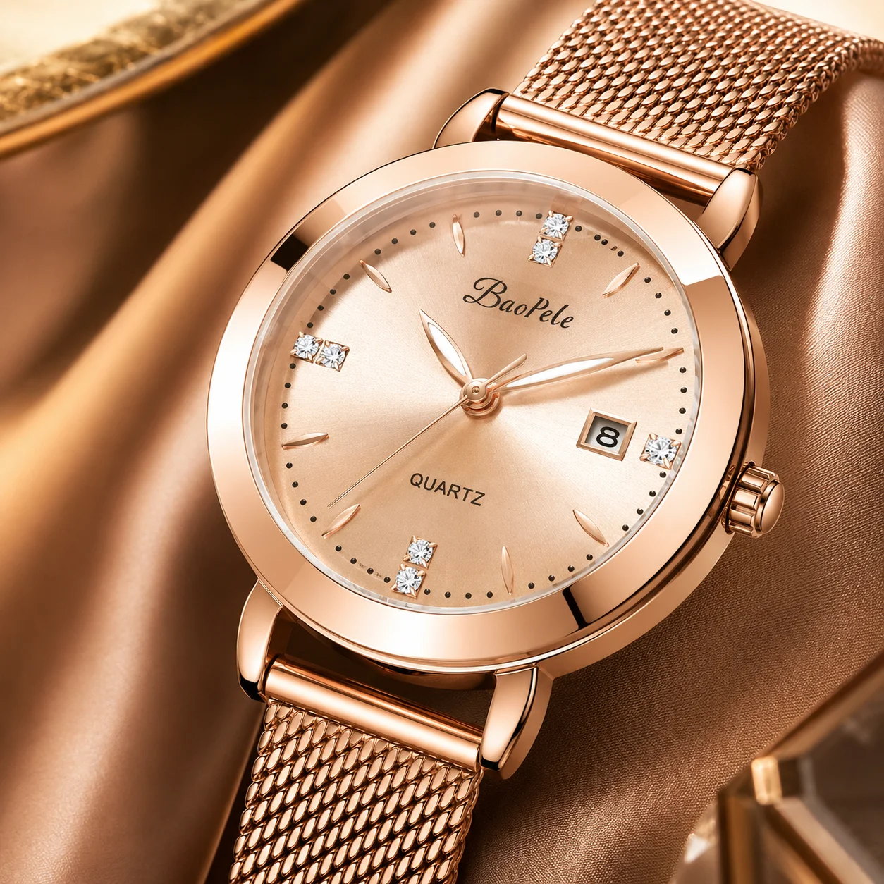 

Women's Quartz Watch, Rose Gold Mesh Band, Champagne Dial, Crystal Markers, Date Display, Elegant Wristwatch