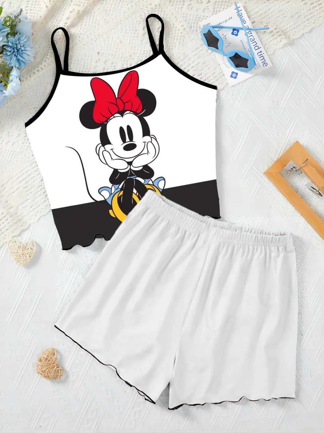 Mickey Elegant Women's Sets for Women 2 Pieces Slip Dress T-shirt Top Pajama Skirt Minnie Mouse Lettuce Trim Disney Short Suit