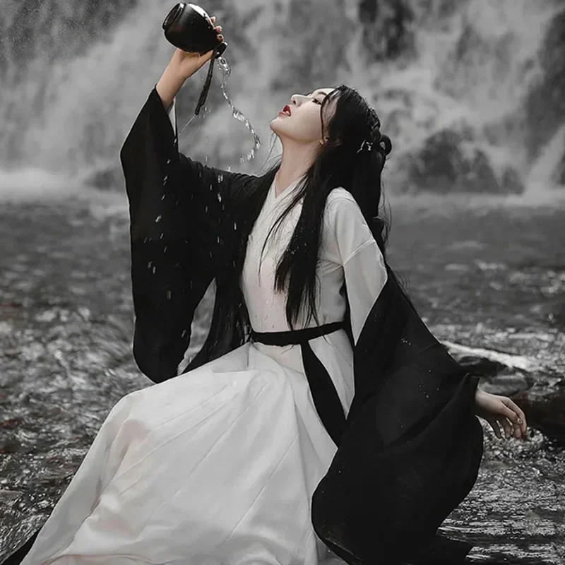 Siyah Wuxia Robe Unisex erkekler kadınlar Hanfu geleneksel elbise peri antik çin kostüm asya giyim halk dans festivali kıyafet