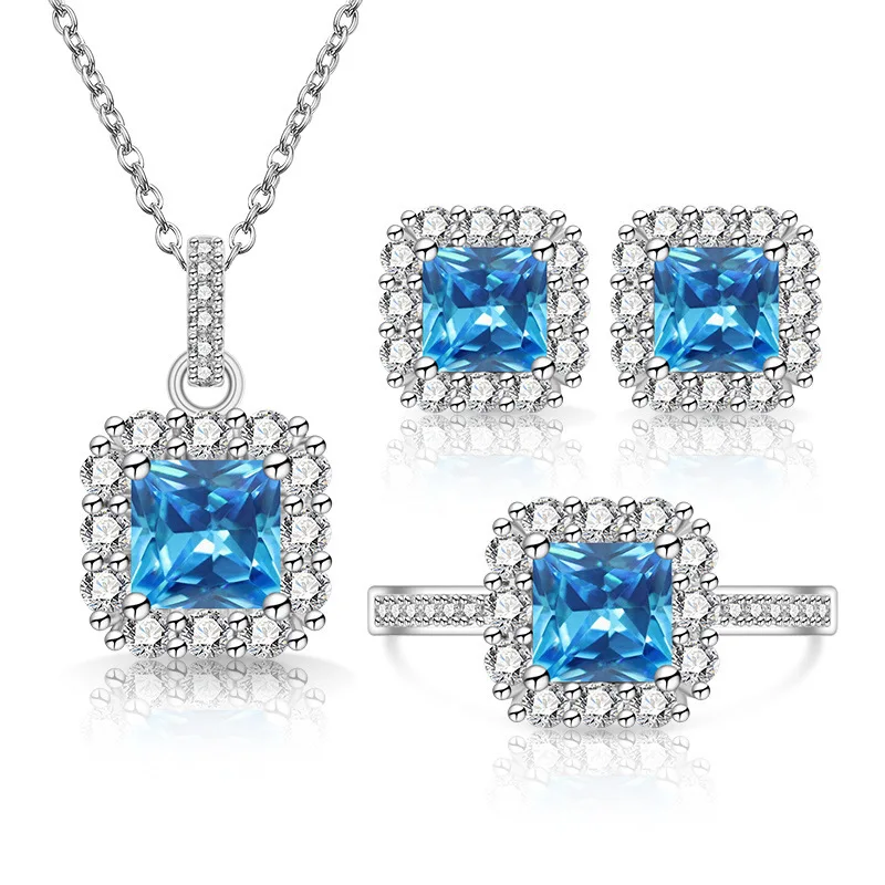 925 Sterling Silver Light Luxury Full Diamond Zircon Small Sugar Cube Elegant Women's Jewelry Set
