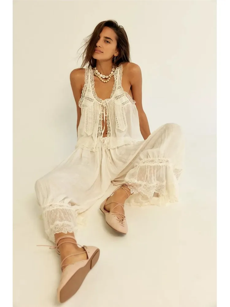 

Women's Vintage Fashion 2 Piece Pants Outfit 2026 Summer Casual Sleeveless Tie Front Lace Trim Tank Tops Drawstring Pants Sets