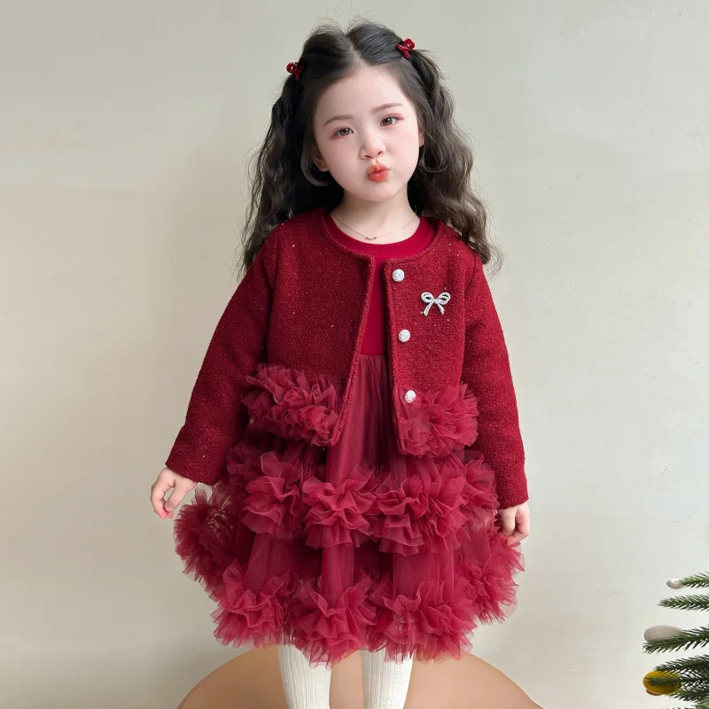 

Girls Winter Bowknot Tulle Dress Two-Piece Set New Princess Dress Children's New Year Outfit Trendy
