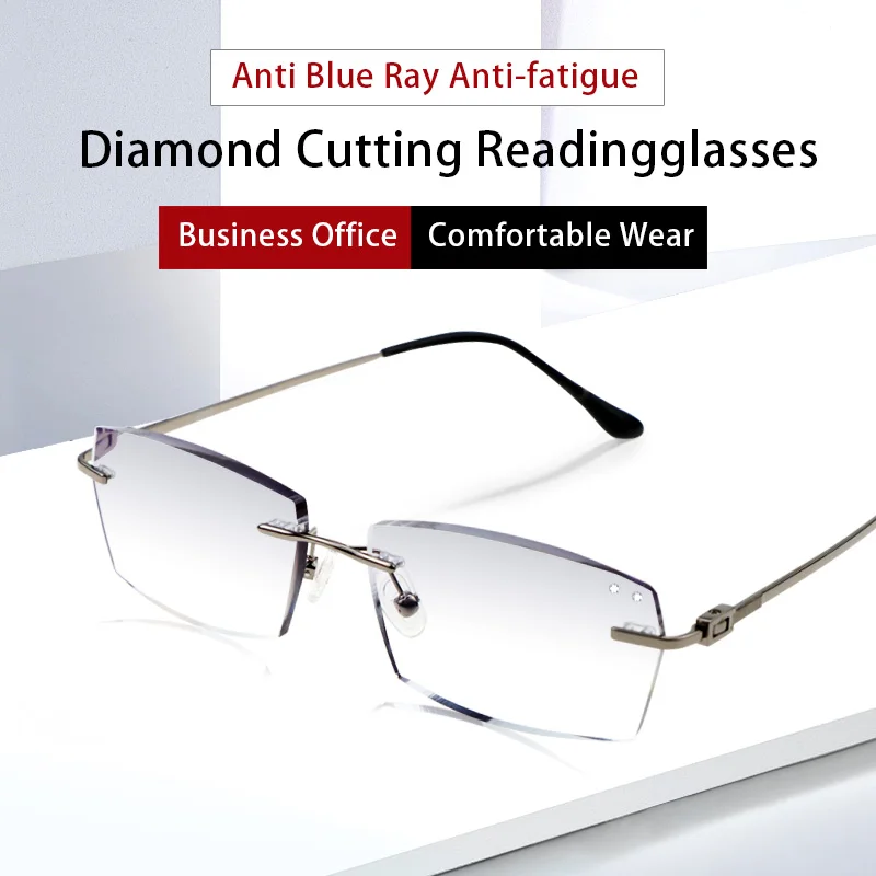 

Blue Light Blocking Rimless Reading Glasses for Men, Anti Glare Anti-fatigue Presbyopia Eyeglasses Diopters To +4.0