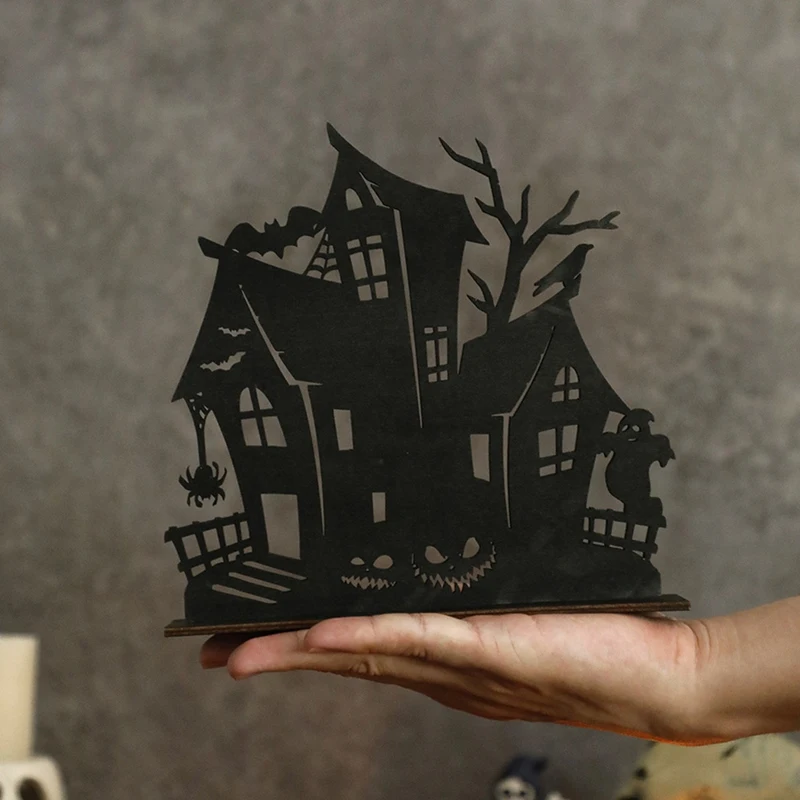 Adornos de madera para Halloween, silueta de madera, boceto, Casa Encantada, decoración de escritorio, tema de Halloween