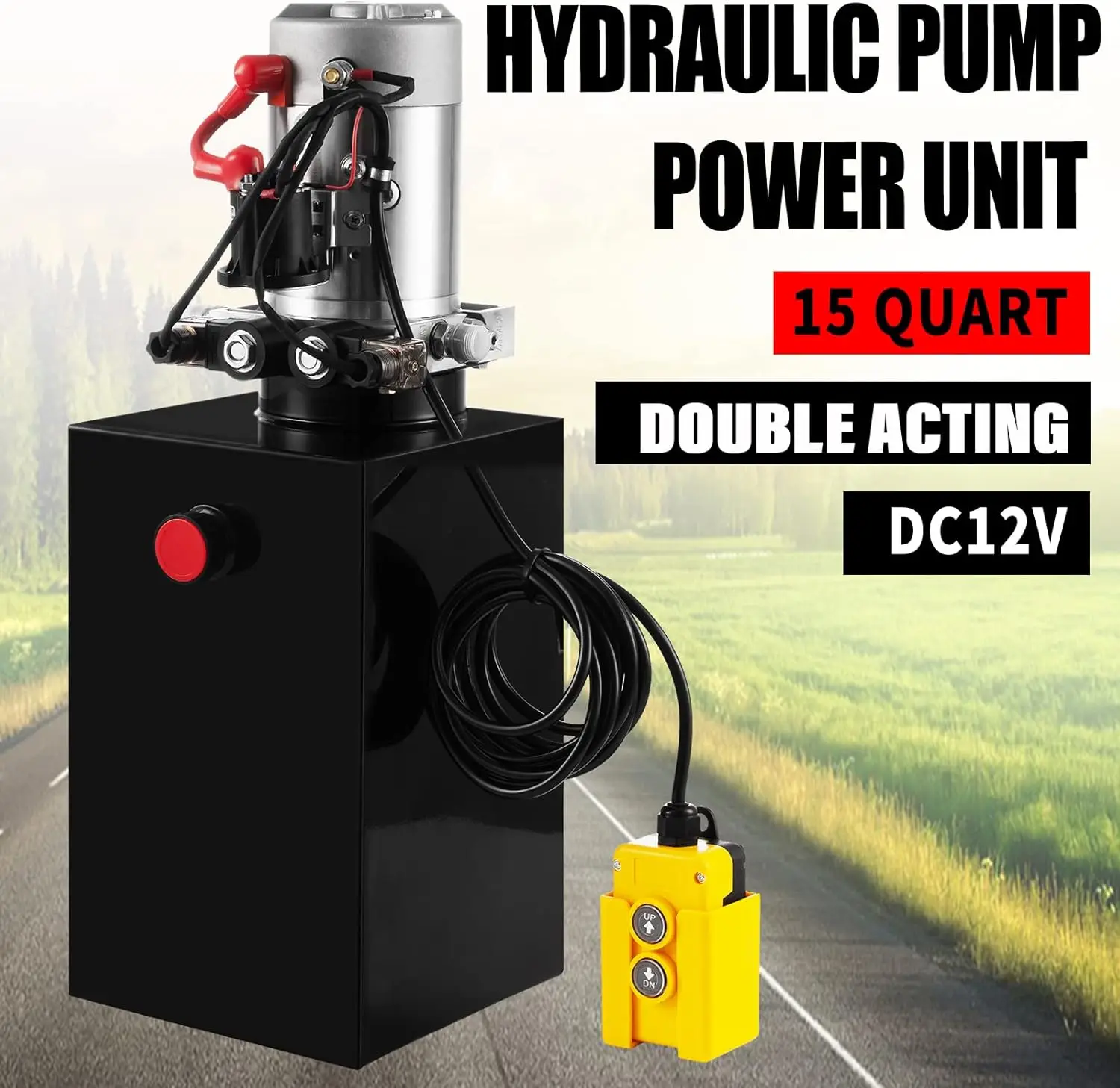 Hydraulic Pump 15 Quart Double Acting Dump Trailer Hydraulic Pump DC 12V, Hydraulic Power Unit Metal Reservoir Horizontal Moun