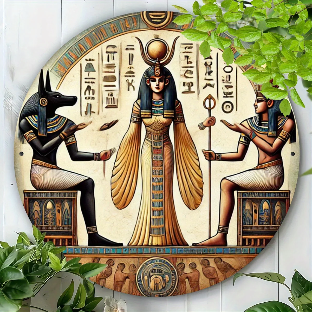 One Piece, Ancient Egyptian Decorative Anubis Gods Pattern, Round Flat Print Metal Sign, Size (7.8X7.8/20 Cm X20 Cm), Round Tin