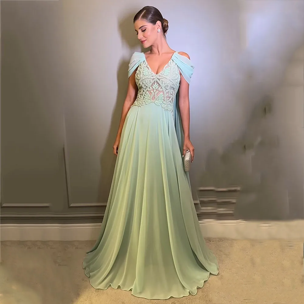 

Short Sleeve Draped Prom Gown V-Neck A-Line Lace Evening Dresses Backless Elegant Chiffon Sweep Train Simple Party dress