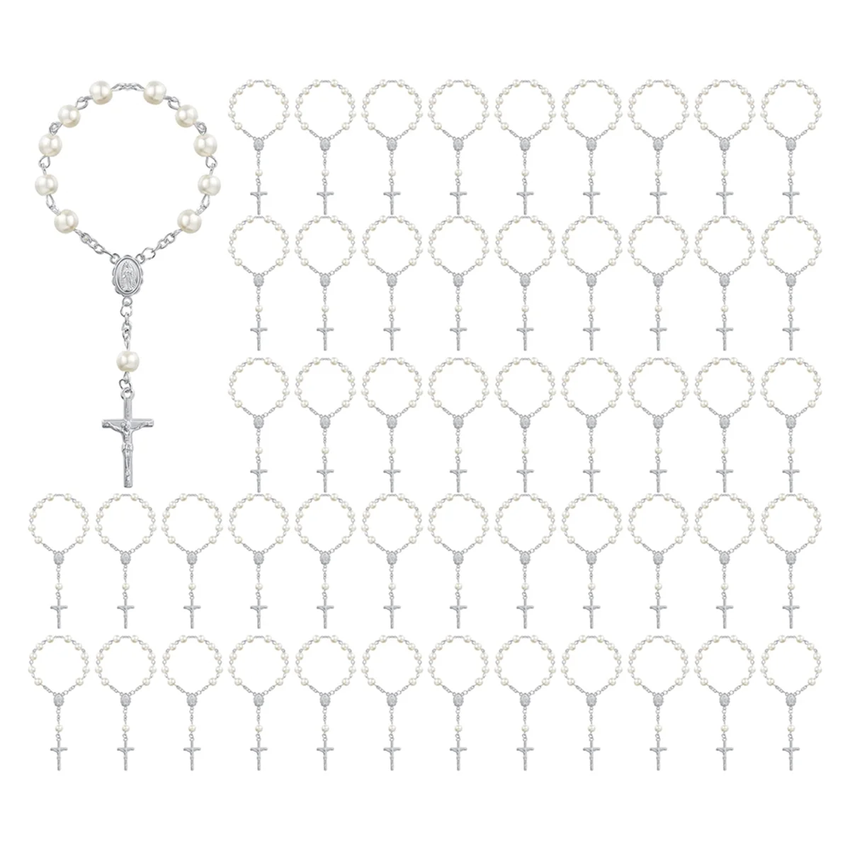 오간자 가방이 있는 가짜 진주 아크릴 묵주 구슬, 세례식 찬송, 결혼식 파티, 50 팩
