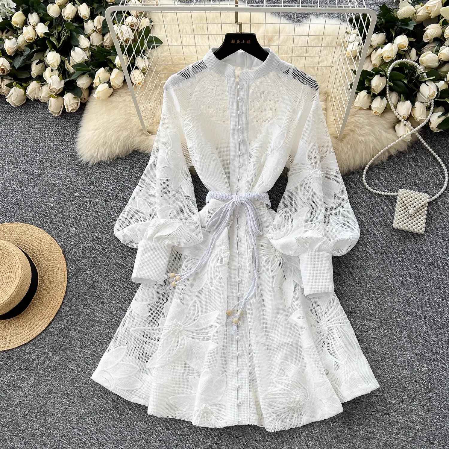 

Women's Spring Summer French Lace Embroidery Stand Collar Long Lantern Sleeve Dress Single Breasted Belt Party Birthday Dress