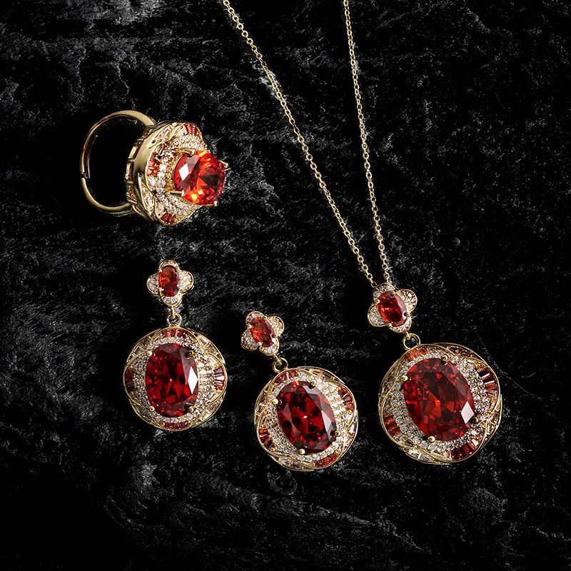 Luxury Ring Retro Style Geometry Evening Dress Necklace Earring Set Red Imitation Crystal High End High Beauty Ring for Women