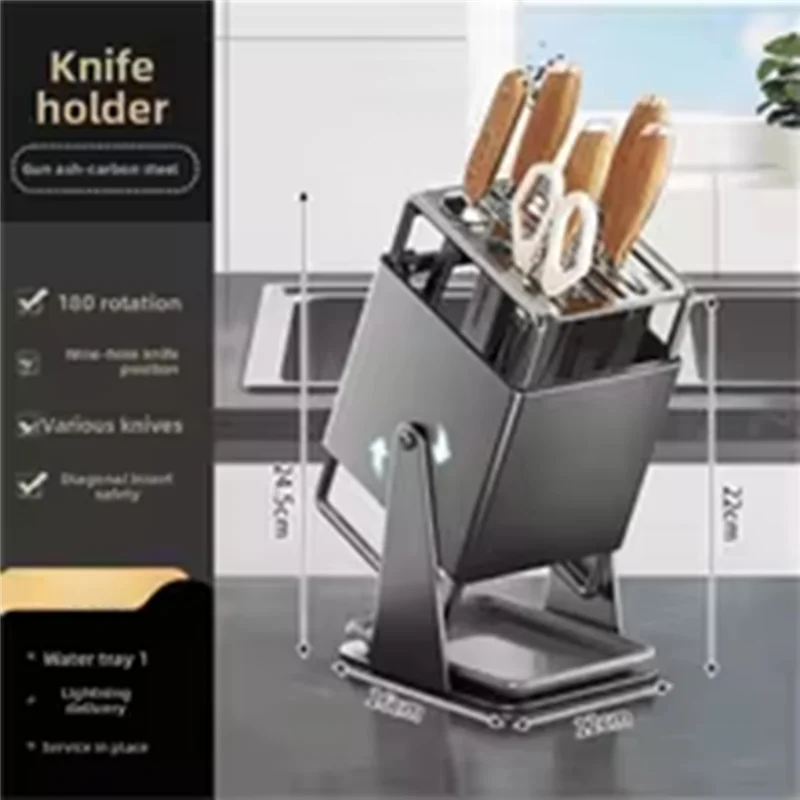 ABZV-Countertop Knife Rack Kitchen Household Holder Integrated Block Storage Detachable Draining No Installation Required Grey